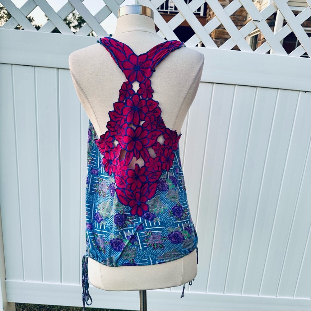 Free People Mosaic Tank Top Contrasting Cut Out Flower Racer Back A-Line Medium